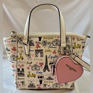 NWT Karl Lagerfeld White Paris Print Tote with Pink Heart Pouch
